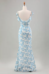 Weiß Blau Blume Meerjungfrau Langes Hochzeitsgastkleid mit Schlitz